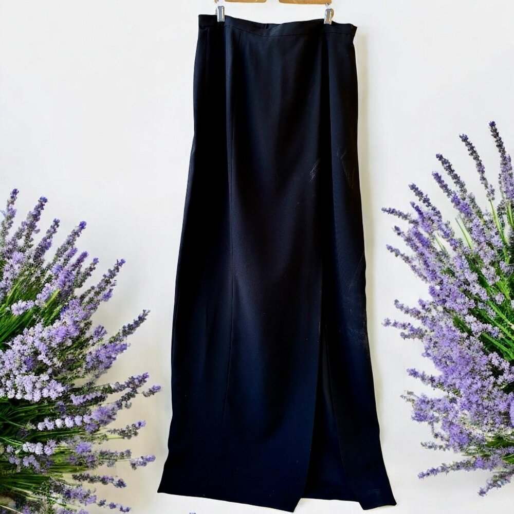 Vintage 80's Long Maxi Black Skirt Made in Hong Kong Deep Slit Lined Womens 12